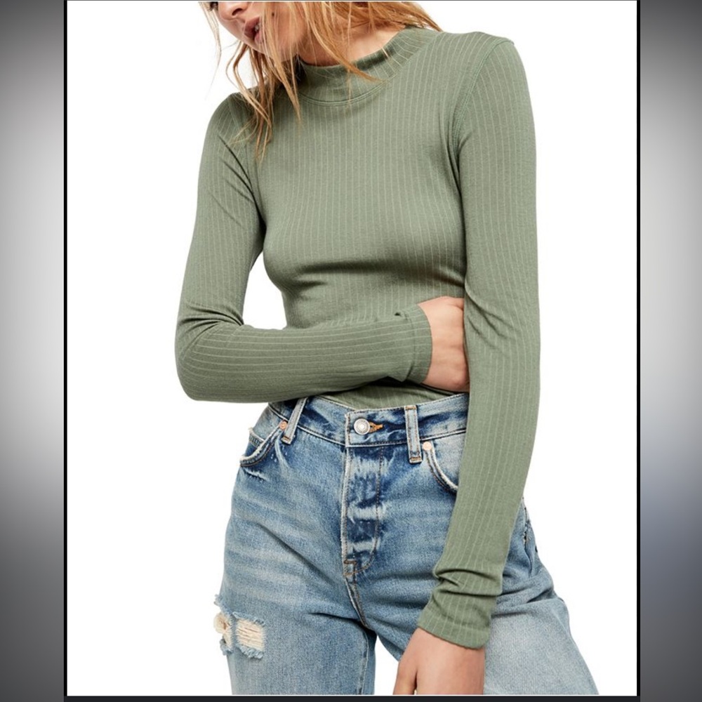 Free People Lindsey Mock Neck Long Sleeve Shirt, Olive Green, Women’s XS/S